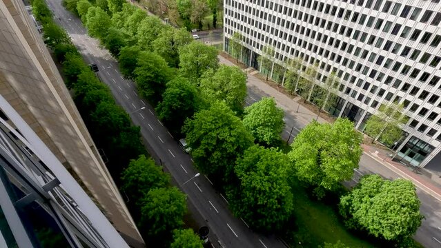 High Angle Looking Down At Theodor-Heuss-Allee Road With Green Trees In Frankfurt