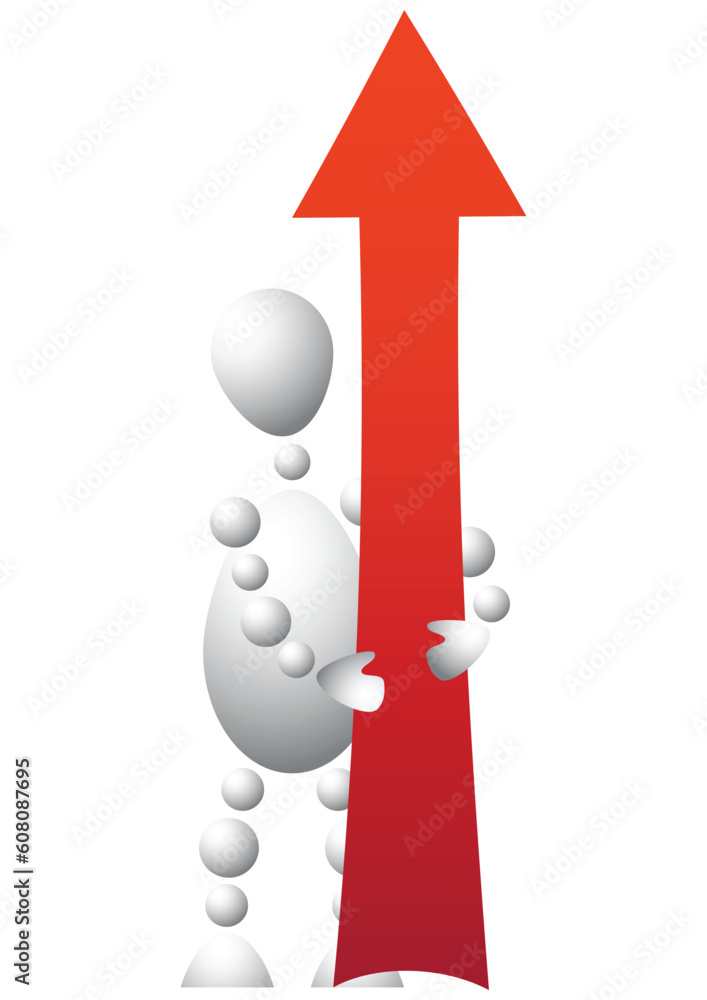Poster man with red up-arrow. abstract 3d-human series from balls. variant of white isolated on white backg