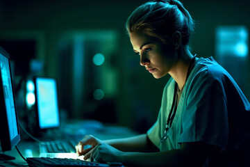 Night shift nurse checking test results on hospital computer. Generative AI