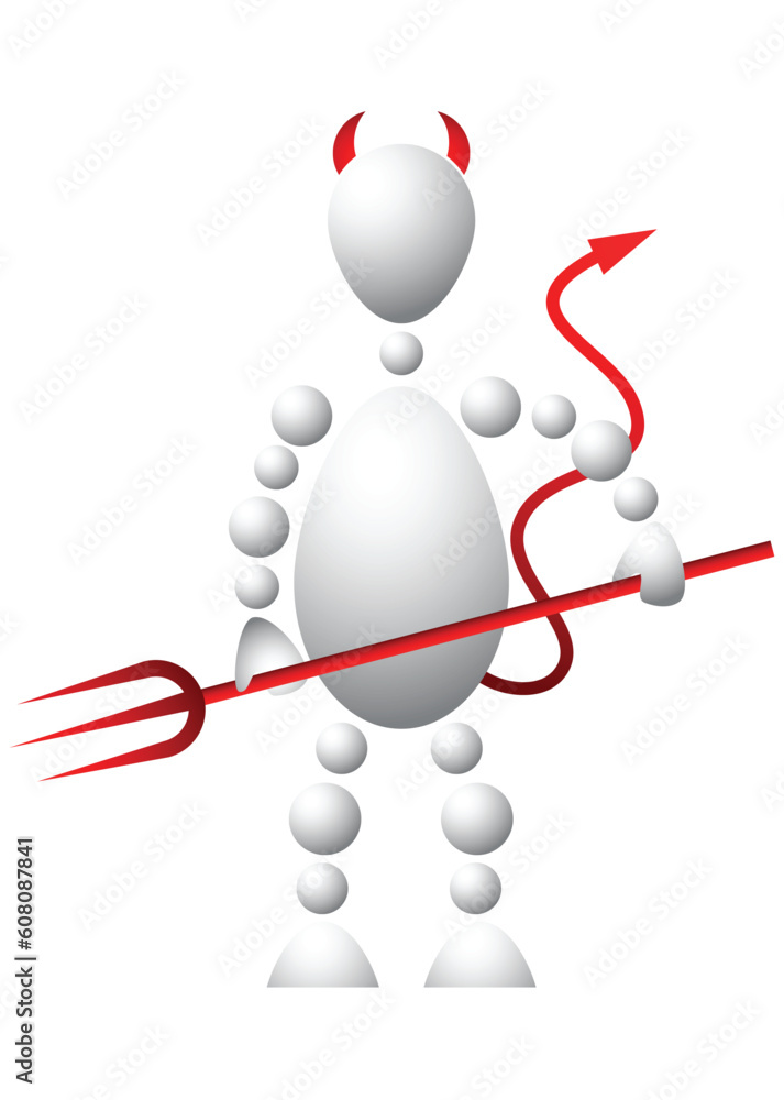 Poster man with red horns, tail and pitchfork as devil. abstract 3d-human series from balls. variant of whi