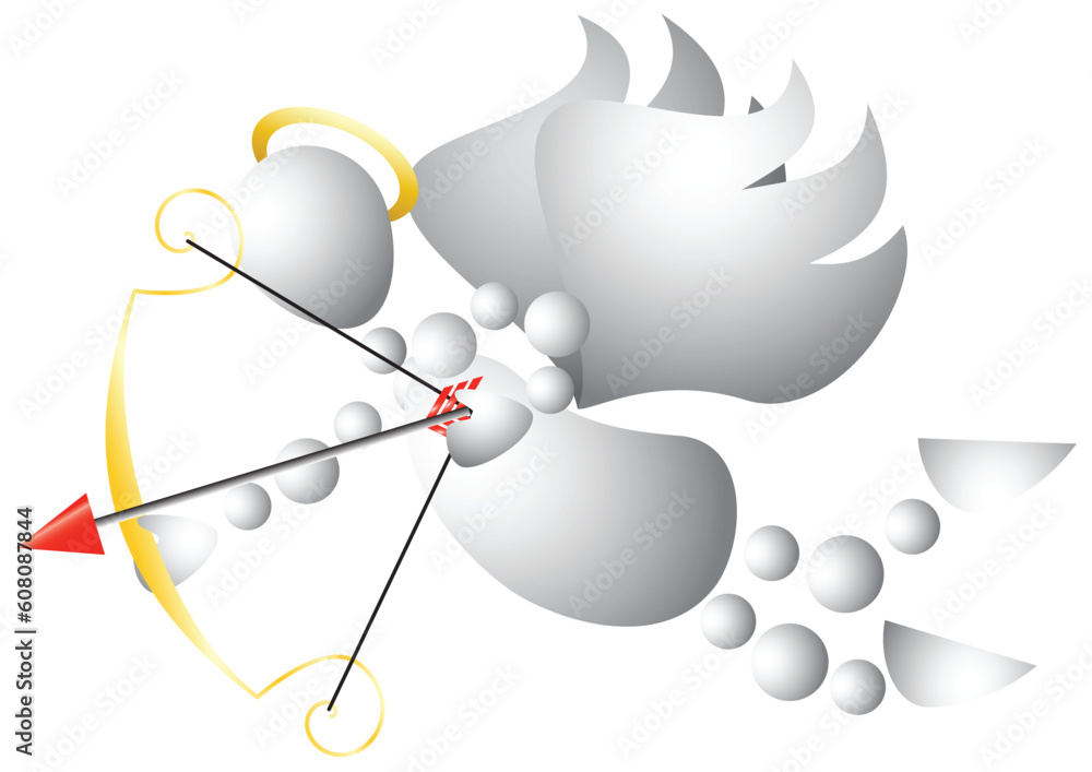 Poster man as cupid with golden bow and arrow. abstract 3d-human series from balls. variant of white isolat