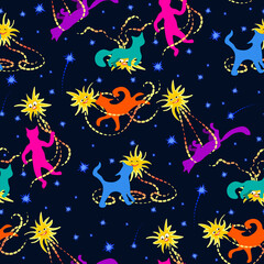Funny cats in space bright seamless pattern