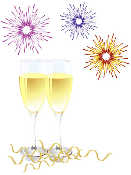 vector eps 10 illustration of glasses with sparkling wine and colorful fireworks