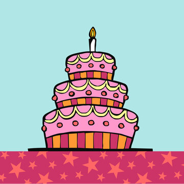 Birthday cake on table with pink tablecloth with stars on light blue background