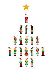 Christmas tree formed by different funny season pixeled characters.