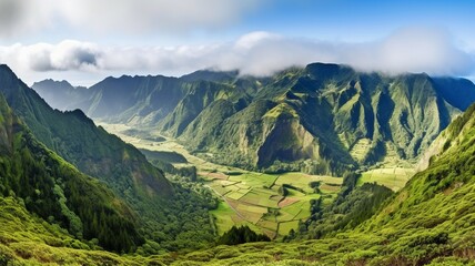 Fototapeta premium Azores island Ponta Delgada's mountainous terrain. GENERATE AI