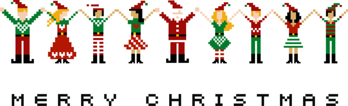 A group of pixeled xmas characters celebrating Christmas.