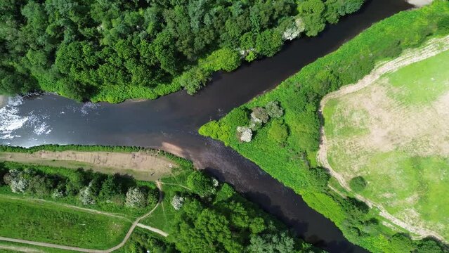 River aerial view shows detour dilemma split arrow and detour