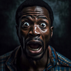 Black Man with expression to surprise and shock. Scared african man screaming in fear or anger. Generative AI