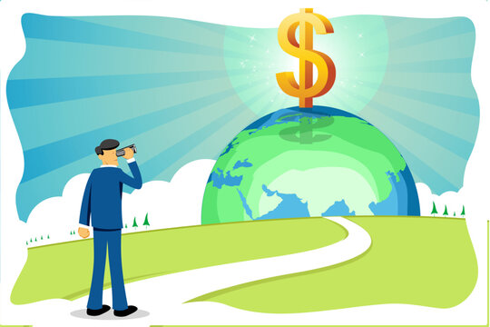 illustration of businessman with dollar and globe