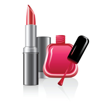 illustration of nail polish and lipstick on white background