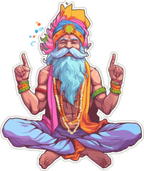 Old man in meditation. Lotus pose sitting with legs crosse. Spiritual yoga exercise vivid vector.
