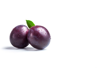 Fresh ripe plums with leaves isolated on white background with copy space. Created with Generative AI Technology