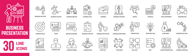 Business presentation thin line icons set. Presentation, business, seminar, partnership, goals, meeting, whiteboard, conference and business plan icons. Vector illustration. - obrazy, fototapety, plakaty