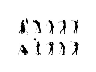 Collection of female golf player vector silhouette in various poses. Female golf players silhouette. Set of vector silhouettes woman professional golfer playing golf. Vector silhouette of the woman.