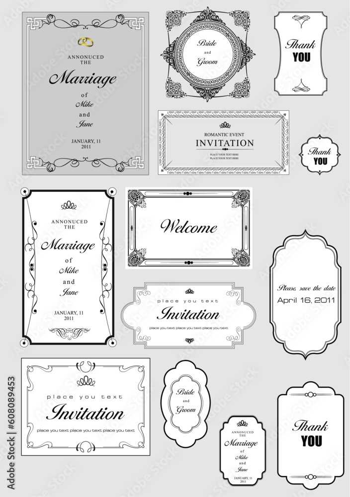 Poster set of ornate vector frames and ornaments with sample text. perfect as invitation or announcement. a