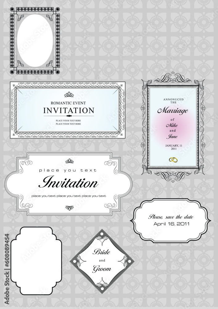 Poster set of ornate vector frames and ornaments with sample text. perfect as invitation or announcement. a