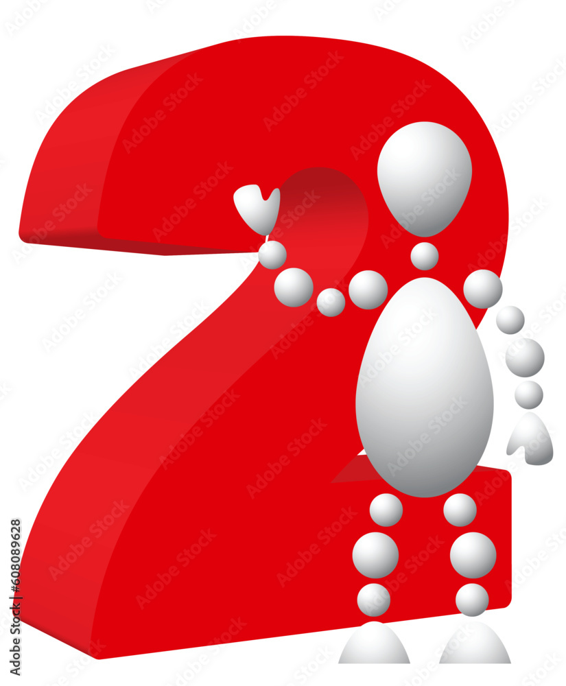Poster man with red symbol of 2. abstract 3d-human series from balls. variant of white isolated on white ba