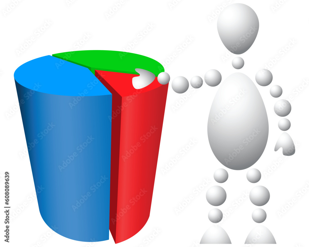 Poster man with circle diagram. abstract 3d-human series from balls. variant of white isolated on white bac