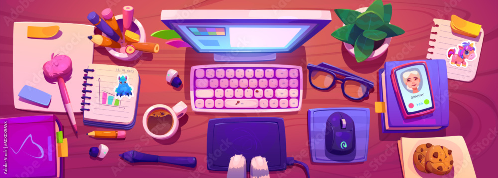 Aufkleber study work desk top view with computer and mouse vector cartoon illustration. calling phone near mon