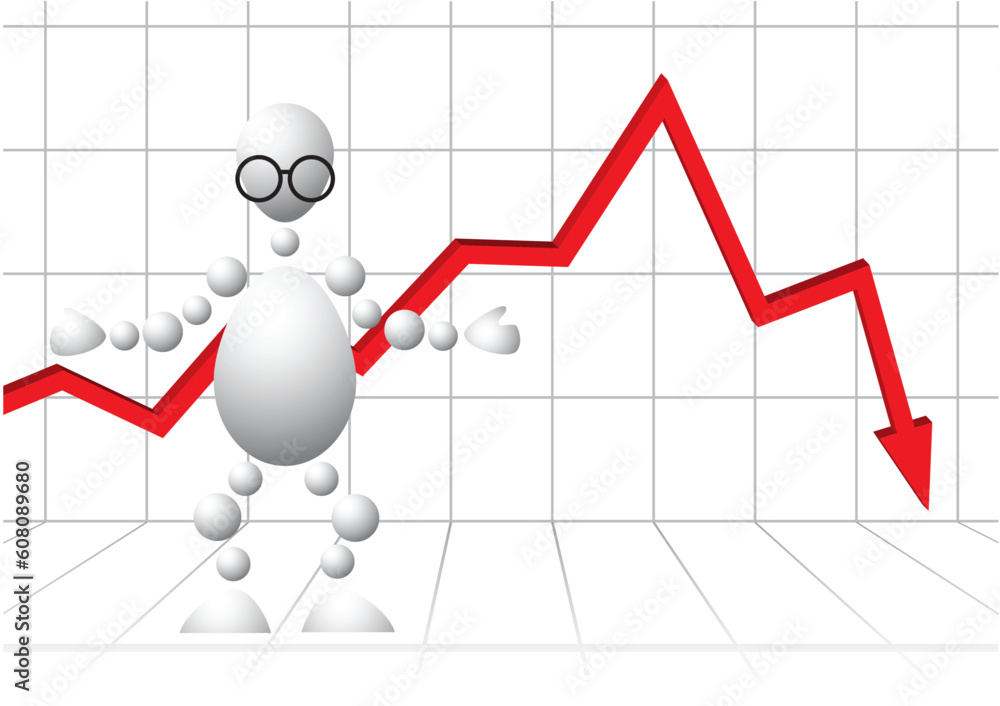 Aufkleber man in glasses as loser-analyst on red graph backdrop. abstract 3d-human series from balls. variant 