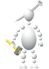 Man with a metal nail in the head. Abstract 3d-human series from balls. Variant of white isolated on white background. A fully editable vector illustration for your design.