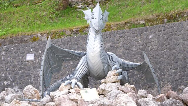 Celebratory dragon in the center of Trzic, Slovenia. The legend of the dragon responsible for the creation of the city of Tržič.