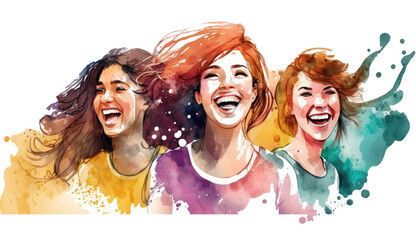 Fototapeta na wymiar Happy women group for International Women’s day banner , watercolor style illustration by Generative Ai