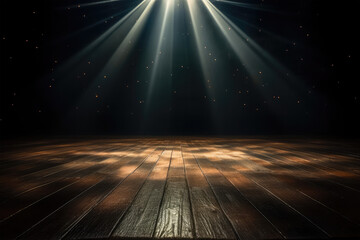 spotlights shine on stage floor in dark room