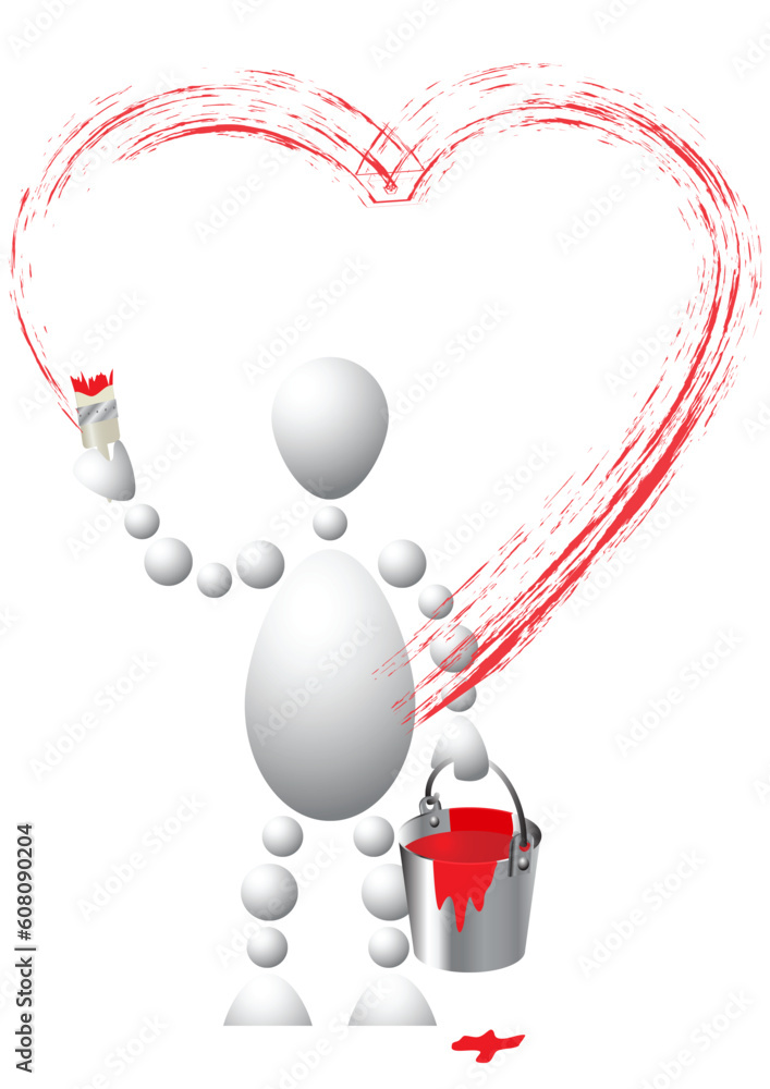Poster man with a bucket of red paint draws the heart. abstract 3d-human series from balls. variant of whit