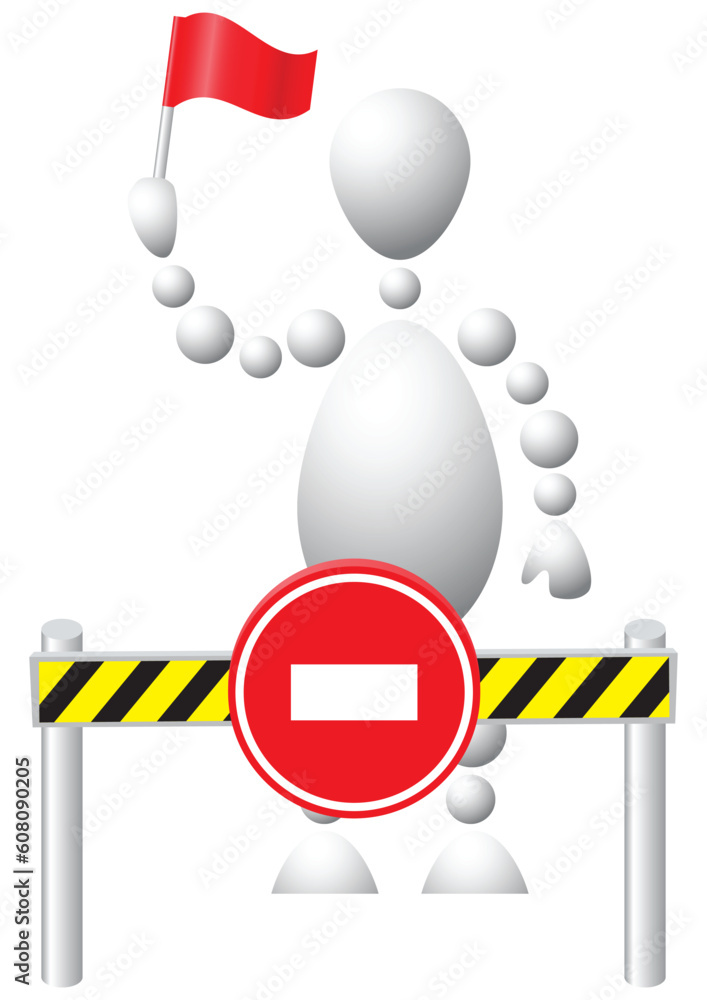 Poster man with the red flag does not allow the move. abstract 3d-human series from balls. variant of white