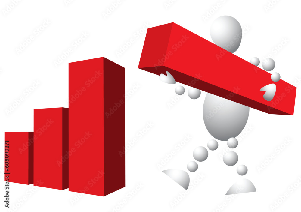 Poster man is building diagram from red blocks. abstract 3d-human series from balls. variant of white isola