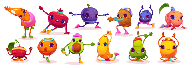 Obraz premium Fruit and vegetable funny character yoga exercise vector cartoon illustration set. Food fitness workout for gym with happy avocado, berry, banana, lemon and orange drawing icon collection design.
