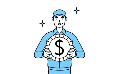 為替差益やドル高のイメージ、帽子と作業着姿のシニア男性（経営者、管理職、上司）