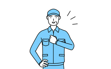 胸を叩く帽子と作業着姿のシニア男性（経営者、管理職、上司）