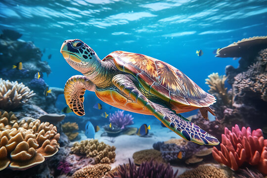sea turtle and coral, AI generated