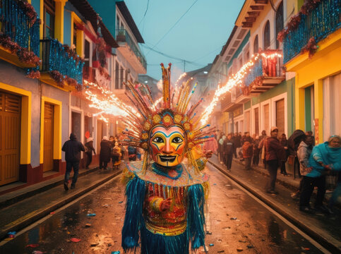 Festivities in Southamerica. Colorful carnival of people on the street.