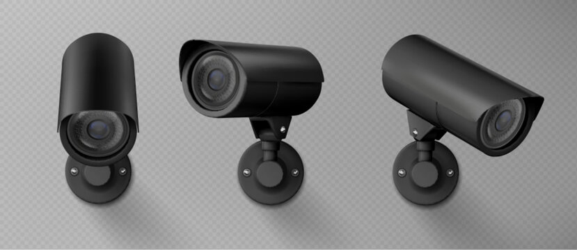 3d security camera, cctv cam isolated on transparent background. Safety watching system, video control equipment in different view, vector realistic illustration