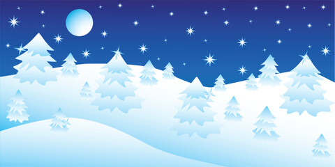 Christmas night in the winter forest, postcard, background. Vector Illustration
