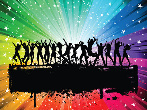 Silhouette of a huge group of people dancing on a grunge starburst background