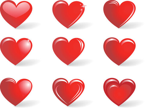 The collection of red hearts isolated on white background