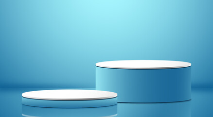 Vector realictic podium on blue background for advertising, websites, online store, product display, minimal scene room.