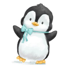 Hand drawn illustration of cute little baby penguin with blue bow isolated on white background - obrazy, fototapety, plakaty