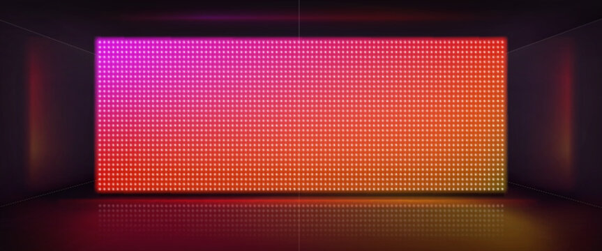 Led screen with light effect on stage. Background with digital monitor with color pixels, video panel with light dots for concert, show or cinema, vector realistic illustration
