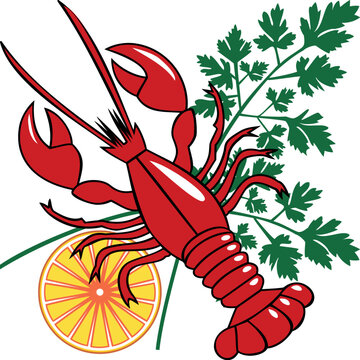 Red lobster or homar with lemon and parsley, dinner or menue background.