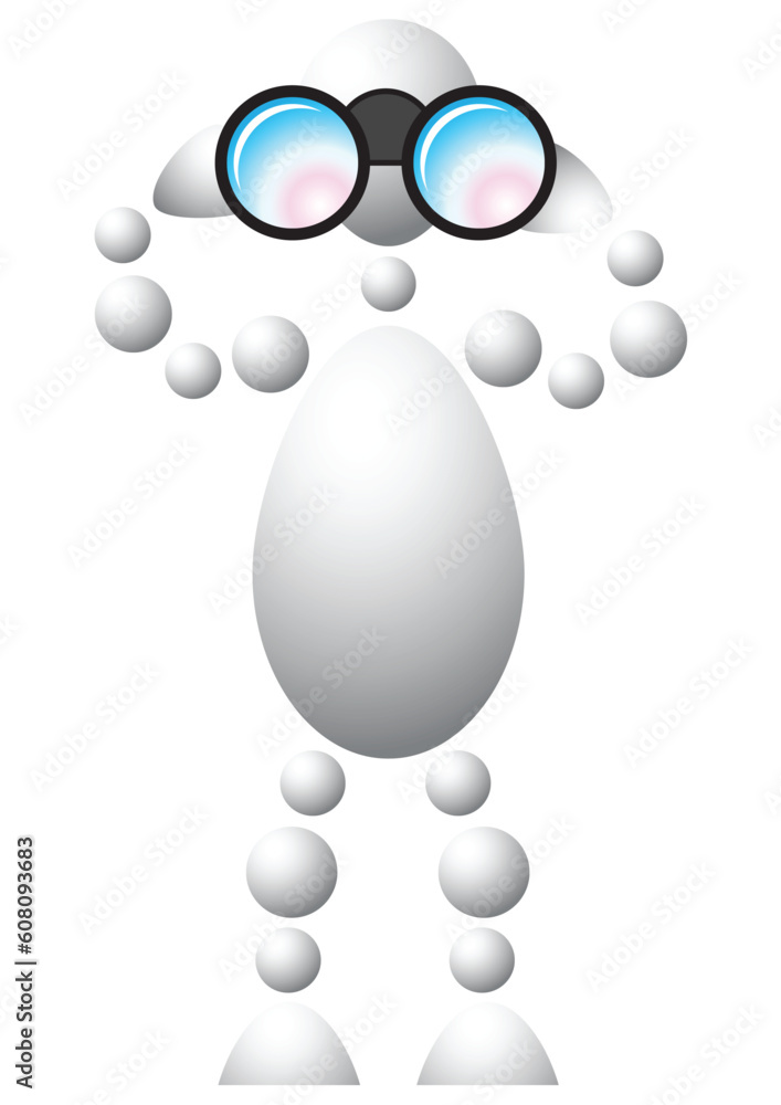 Poster man looking through binoculars. abstract 3d-human series from balls. variant of white isolated on wh