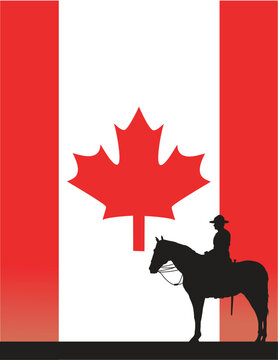The silhouette of a Canadian Mounted Police officer against a Canadian flag