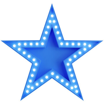 3d render of blue billboard light bulb with star shape.