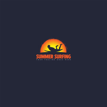 summer surf logo men surfing on big wave surfboard vector image