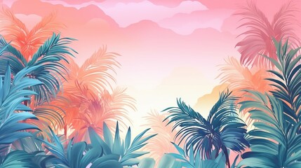 Fototapeta na wymiar Summer tropical pastel establishment with palm. Illustration, AI Generated